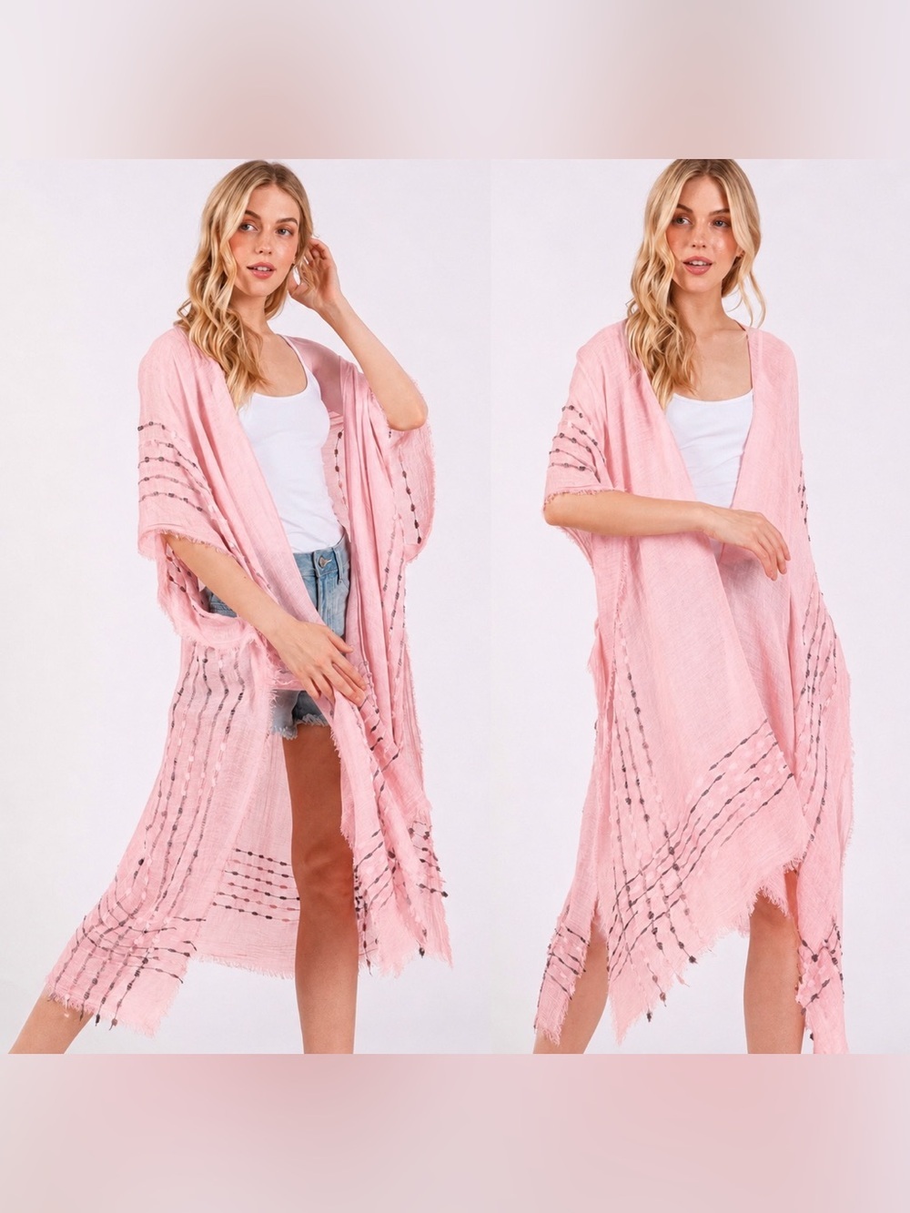 Light Pink Boho Fringe Stitch Design Open Duster Kimono Cover-Up Shawl